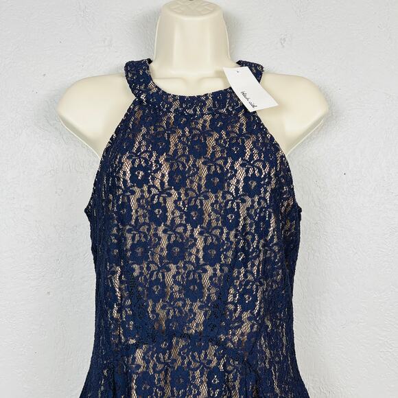 NEW! Bleuh Ciel Lace Halter Dress Mini Navy Nude Lining - M - Picture 2 of 5